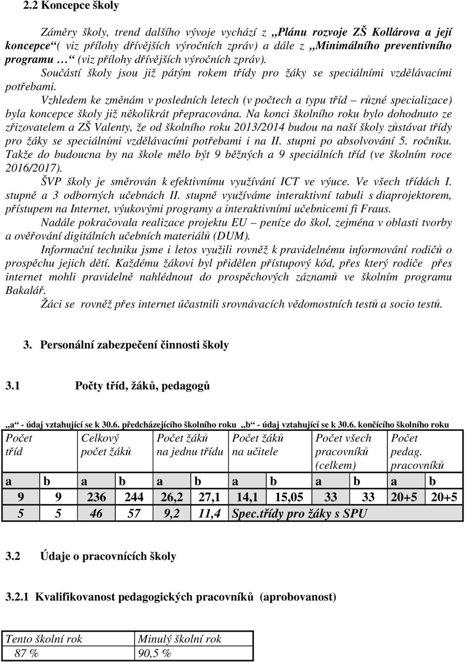 Vzhledem ke změnám v posledních letech (v počtech a typu tříd různé specializace) byla koncepce školy již několikrát přepracována.