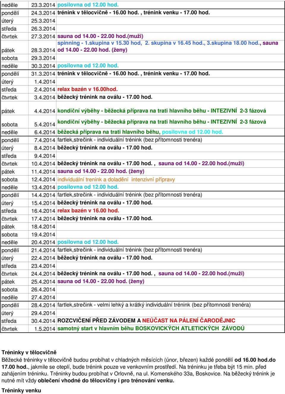 00hod. čtvrtek 3.4.2014 běžecký trénink na oválu - 17.00 hod. pátek 4.4.2014 kondiční výběhy - běžecká příprava na trati hlavního běhu - INTEZIVNÍ 2-3 fázová sobota kondiční výběhy - běžecká příprava na trati hlavního běhu - INTEZIVNÍ 2-3 fázová 5.