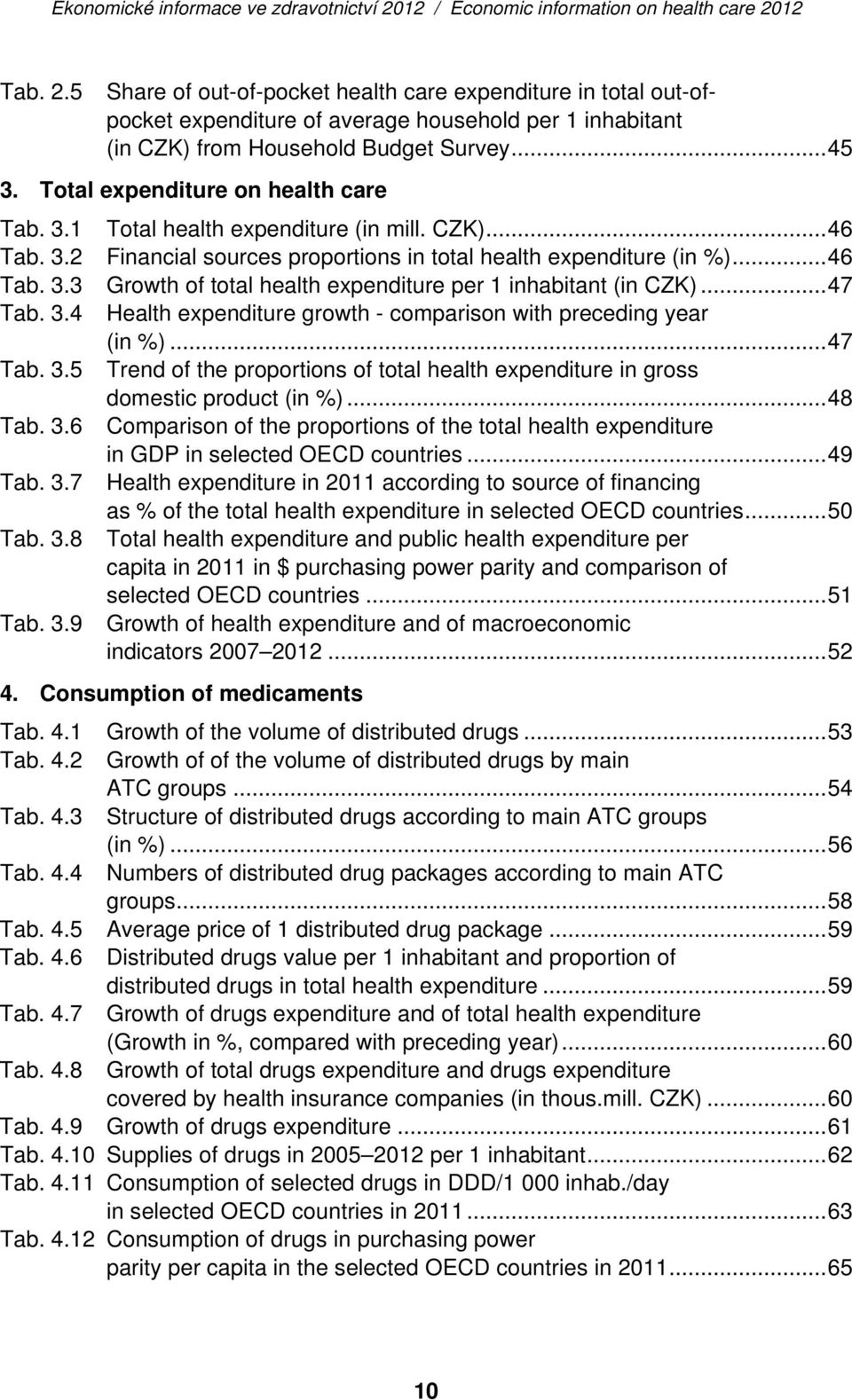 .. 47 Tab. 3.4 Health expenditure growth - comparison with preceding year (in %)... 47 Tab. 3.5 Trend of the proportions of total health expenditure in gross domestic product (in %)... 48 Tab. 3.6 Comparison of the proportions of the total health expenditure in GDP in selected OECD countries.