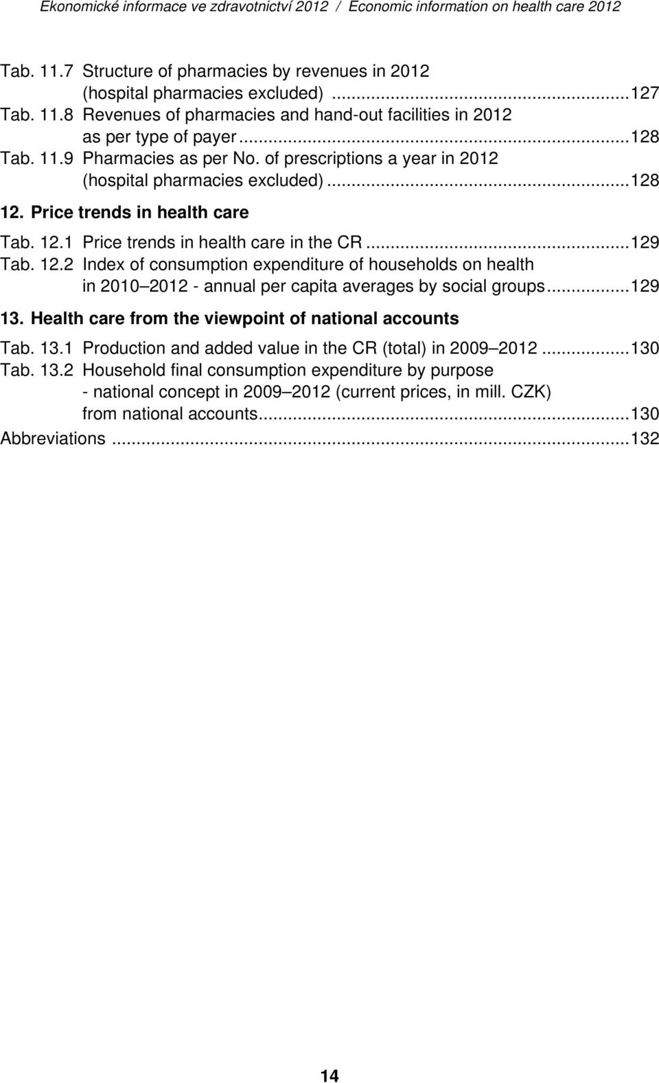 .. 129 13. Health care from the viewpoint of national accounts Tab. 13.1 Production and added value in the CR (total) in 2009 2012... 130 Tab. 13.2 Household final consumption expenditure by purpose - national concept in 2009 2012 (current prices, in mill.