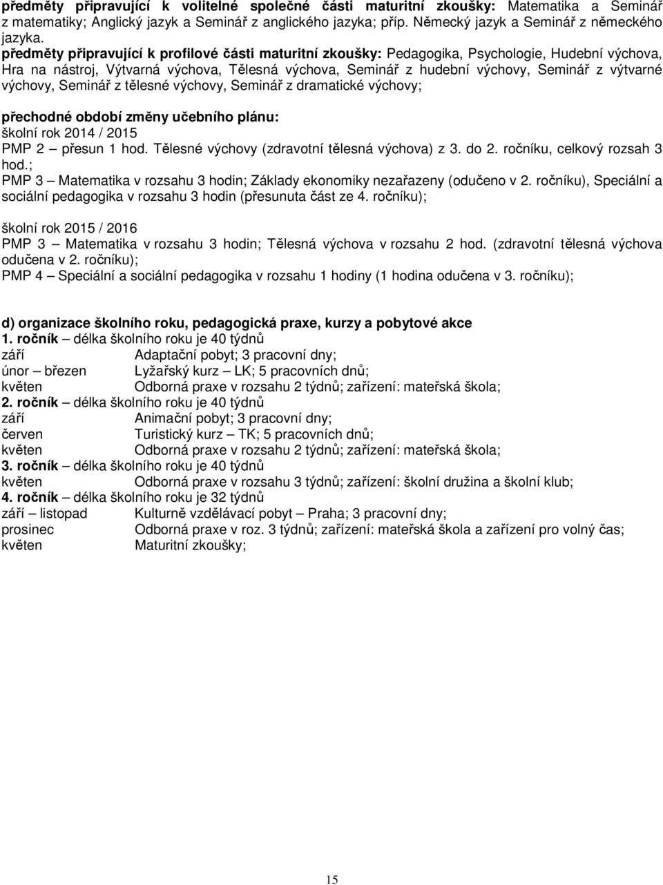 výchovy, Seminář z tělesné výchovy, Seminář z dramatické výchovy; přechodné období změny učebního plánu: školní rok 2014 / 2015 PMP 2 přesun 1 hod. Tělesné výchovy (zdravotní tělesná výchova) z 3.