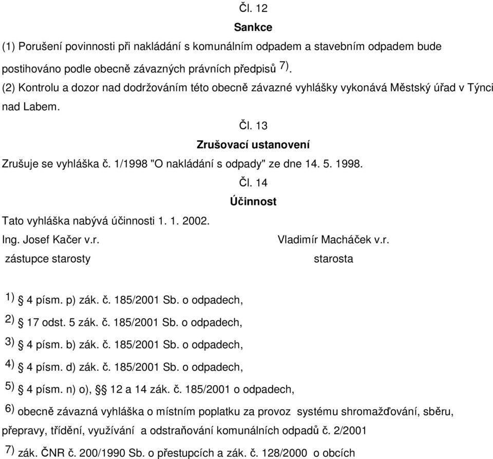 5. 1998. Čl. 14 Účinnost Tato vyhláška nabývá účinnosti 1. 1. 2002. Ing. Josef Kačer v.r. Vladimír Macháček v.r. zástupce starosty starosta 1) 4 písm. p) zák. č. 185/2001 Sb. o odpadech, 2) 17 odst.