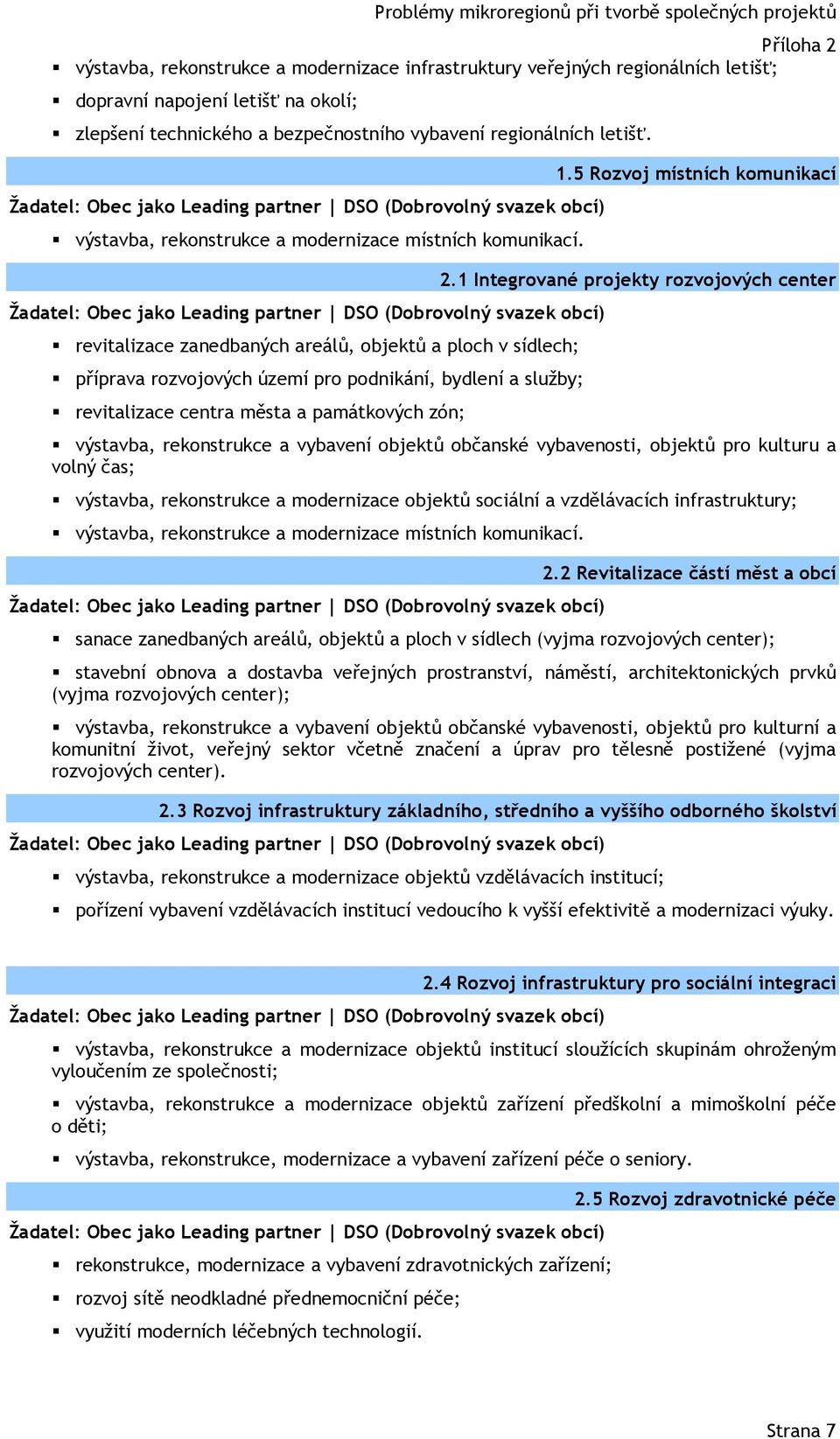 revitalizace zanedbaných areálů, objektů a ploch v sídlech; příprava rozvojových území pro podnikání, bydlení a služby; revitalizace centra města a památkových zón; 1.5 Rozvoj místních komunikací 2.