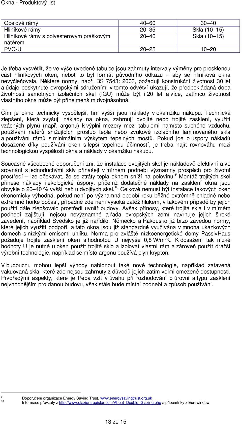 BS 7543: 2003, požadují konstrukční životnost 30 let a údaje poskytnuté evropskými sdruženími v tomto odvětví ukazují, že předpokládaná doba životnosti samotných izolačních skel (IGU) může být i 20