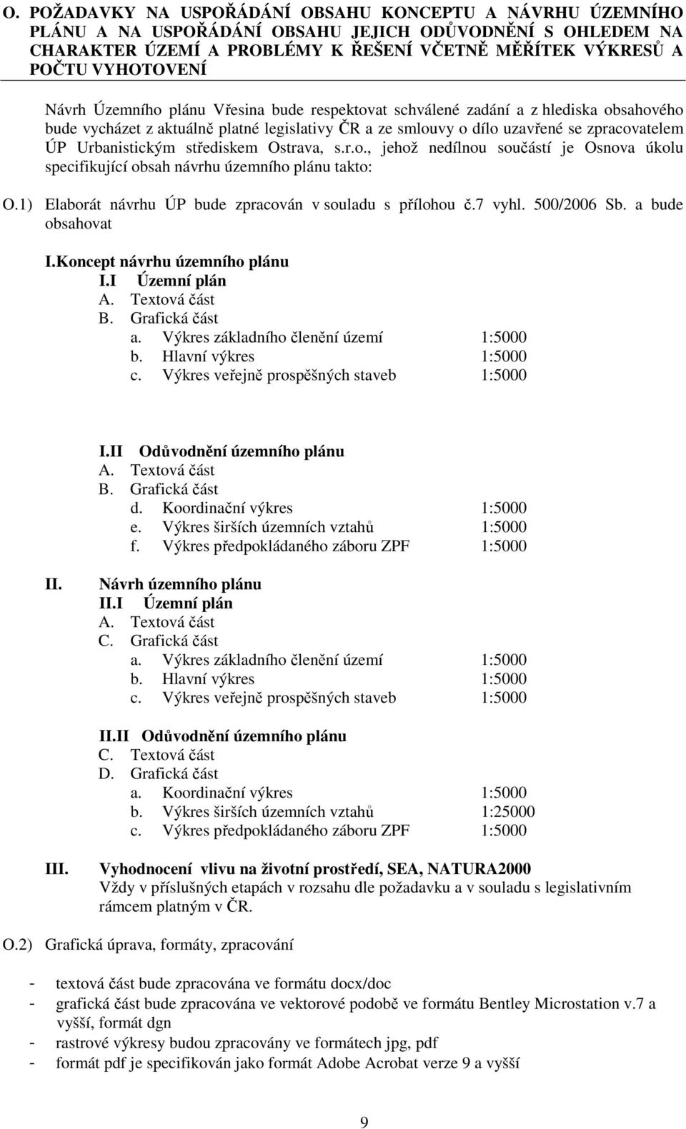 střediskem Ostrava, s.r.o., jehož nedílnou součástí je Osnova úkolu specifikující obsah návrhu územního plánu takto: O.1) Elaborát návrhu ÚP bude zpracován v souladu s přílohou č.7 vyhl. 500/2006 Sb.