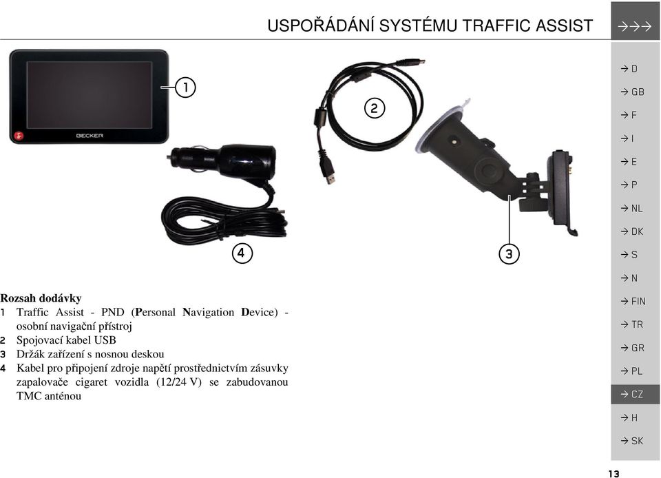 Spojovací kabel USB 3 Držák zařízení s nosnou deskou 4 Kabel pro připojení zdroje napětí