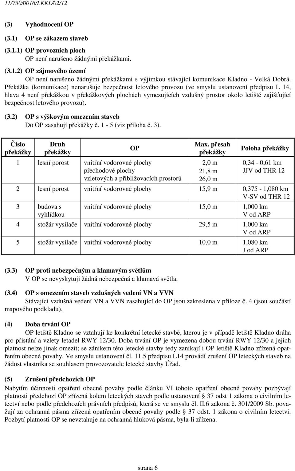 bezpečnost letového provozu). (3.2) OP s výškovým omezením staveb Do OP zasahují překážky č. 1-5 (viz příloha č. 3).