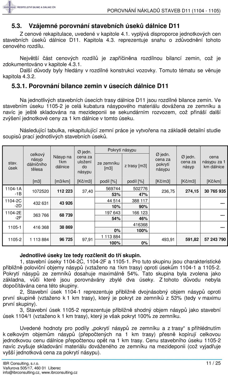 Tomuto tématu se věnuje kapitola 4.3.2. 5.3.1. Porovnání bilance zemin v úsecích dálnice D11 Na jednotlivých stavebních úsecích trasy dálnice D11 jsou rozdílné bilance zemin.