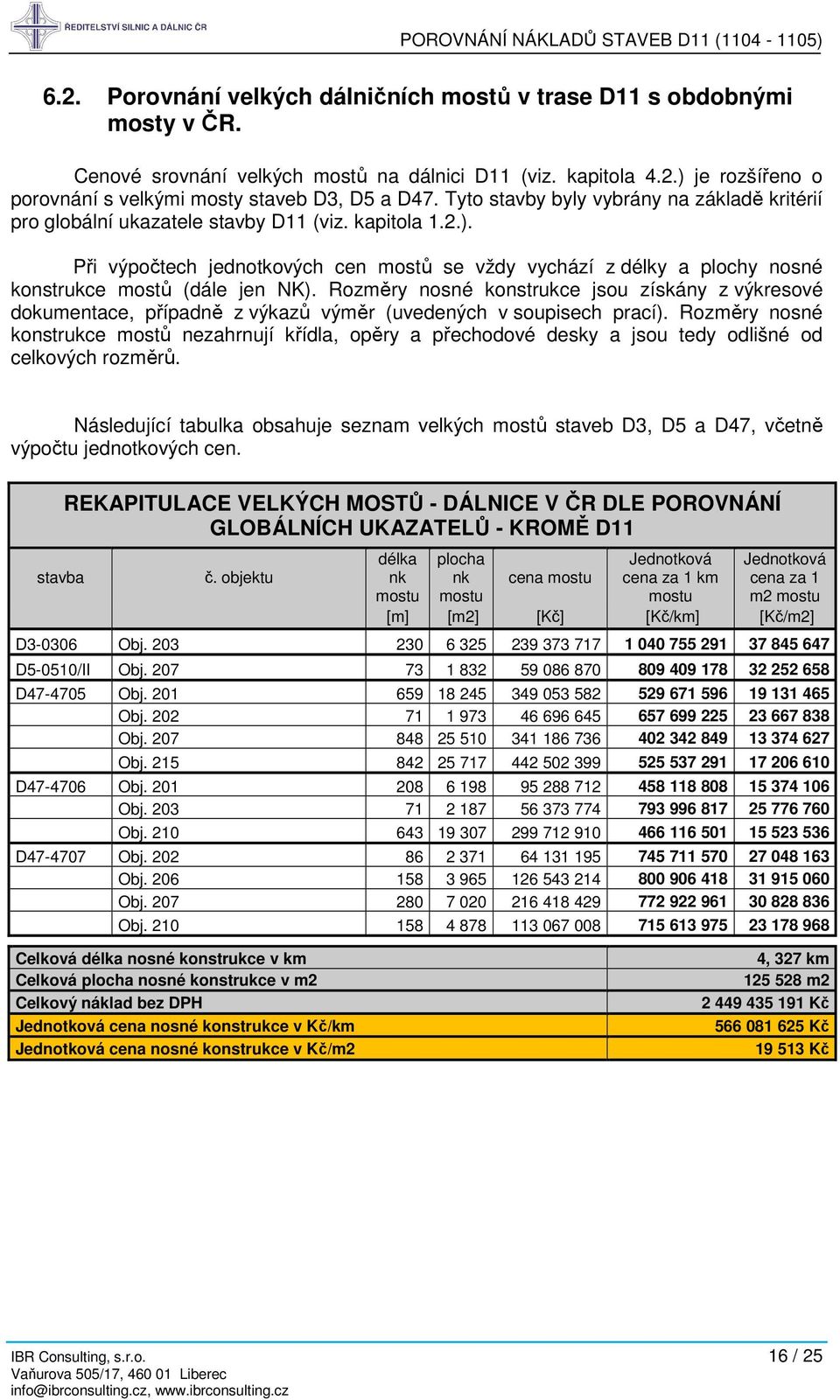 Při výpočtech jednotkových cen mostů se vždy vychází z délky a plochy nosné konstrukce mostů (dále jen NK).