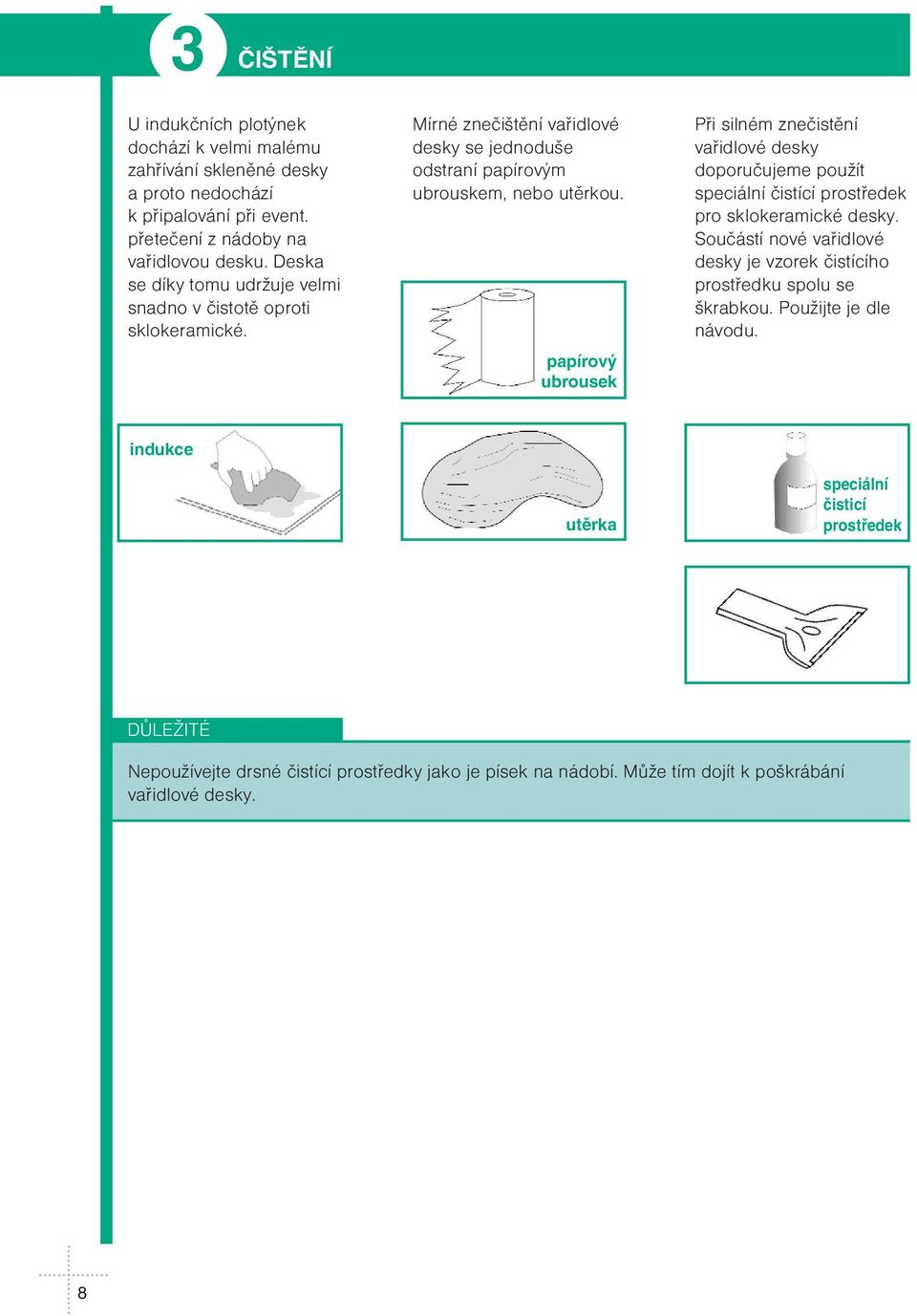 papírovę ubrousek Pűi silném zneèistìní vaűidlové desky doporuèujeme pou ít speciální èistící prostűedek pro sklokeramické desky.