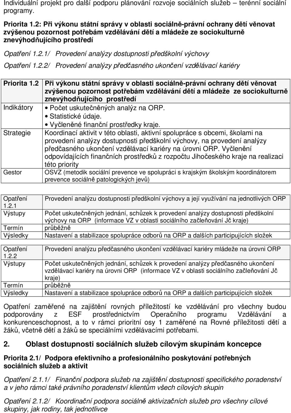 2.2/ Provedení analýzy předčasného ukončení vzdělávací kariéry Priorita 1.