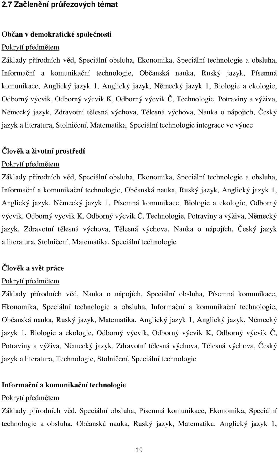 Potraviny a výživa, Německý jazyk, Zdravotní tělesná výchova, Tělesná výchova, Nauka o nápojích, Český jazyk a literatura, Stolničení, Matematika, Speciální technologie integrace ve výuce Člověk a