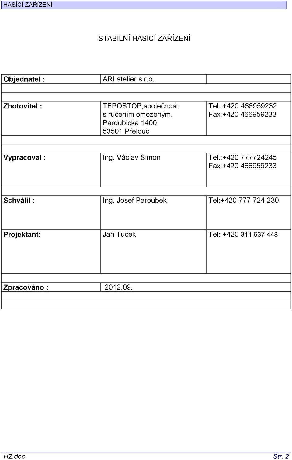 :+420 466959232 Fax:+420 466959233 Vypracoval : Ing. Václav Simon Tel.