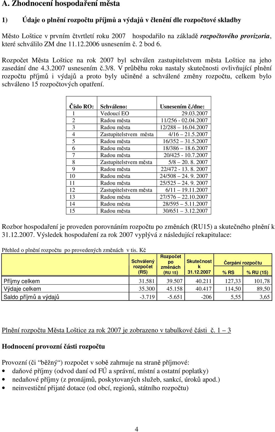 V průběhu roku nastaly skutečnosti ovlivňující plnění rozpočtu příjmů i výdajů a proto byly učiněné a schválené změny rozpočtu, celkem bylo schváleno 15 rozpočtových opatření.