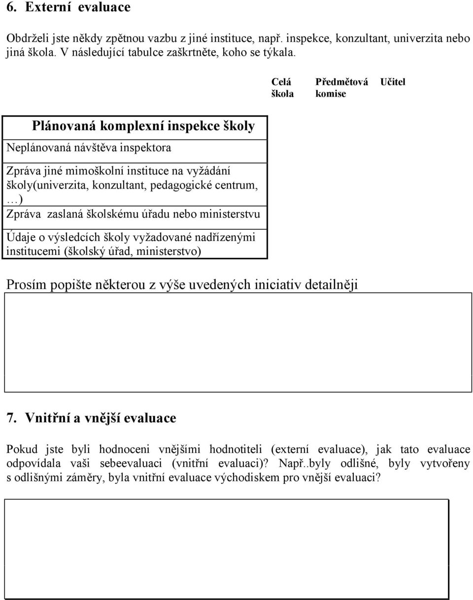 ) Zpráva zaslaná školskému úřadu nebo ministerstvu Údaje o výsledcích školy vyžadované nadřízenými institucemi (školský úřad, ministerstvo) Prosím popište některou z výše uvedených iniciativ