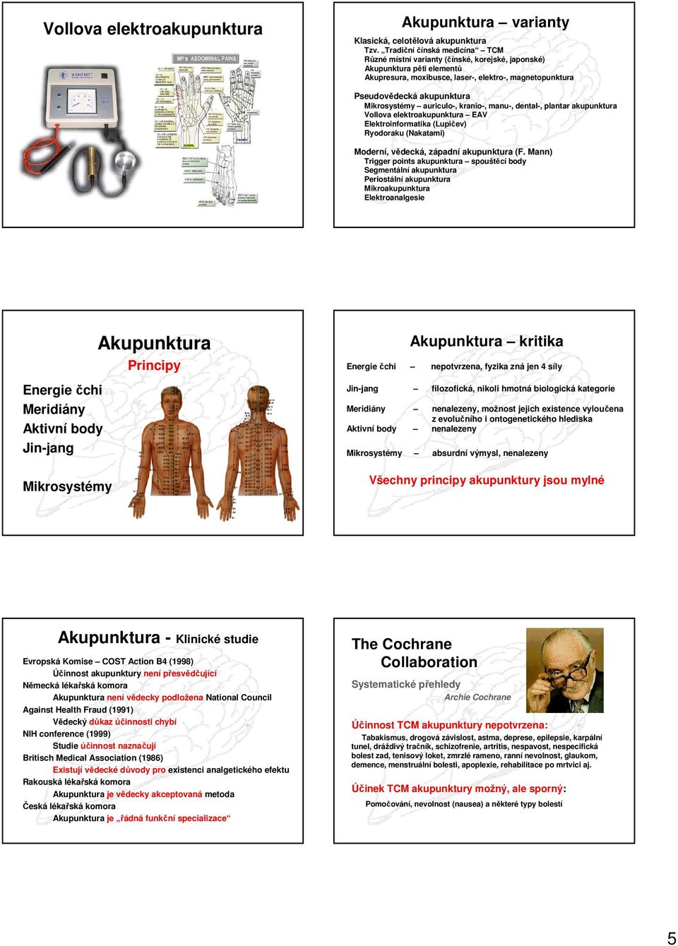 Mikrosystémy auriculo-, kranio-, manu-, dental-, plantar akupunktura Vollova elektroakupunktura EAV Elektroinformatika (Lupičev) Ryodoraku (Nakatami) Moderní, vědecká, západní akupunktura (F.