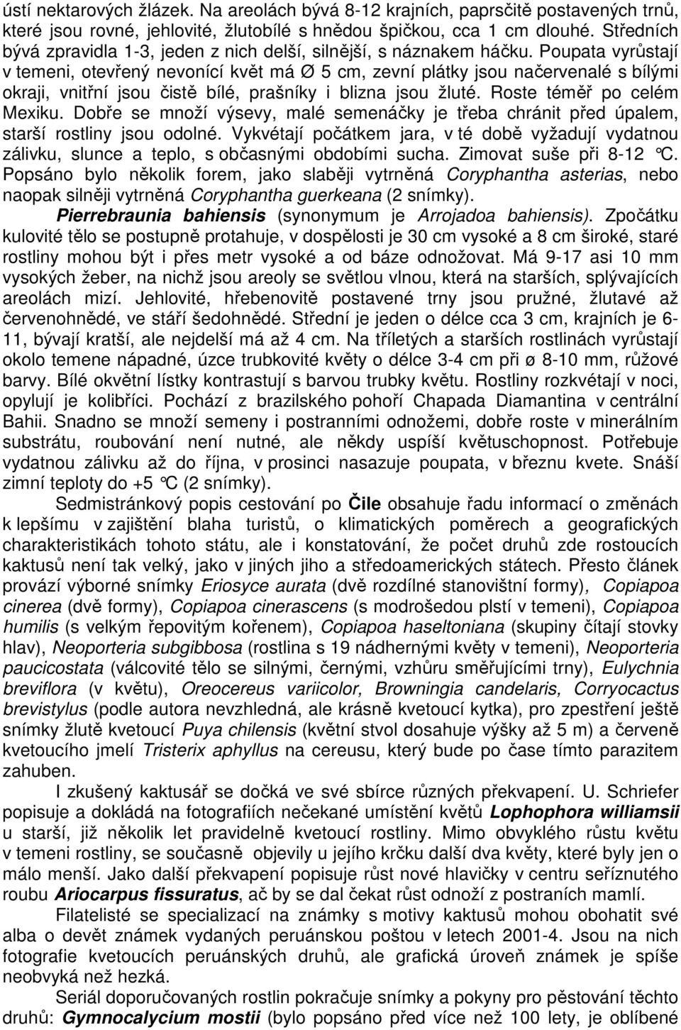 Poupata vyrůstají v temeni, otevřený nevonící květ má Ø 5 cm, zevní plátky jsou načervenalé s bílými okraji, vnitřní jsou čistě bílé, prašníky i blizna jsou žluté. Roste téměř po celém Mexiku.