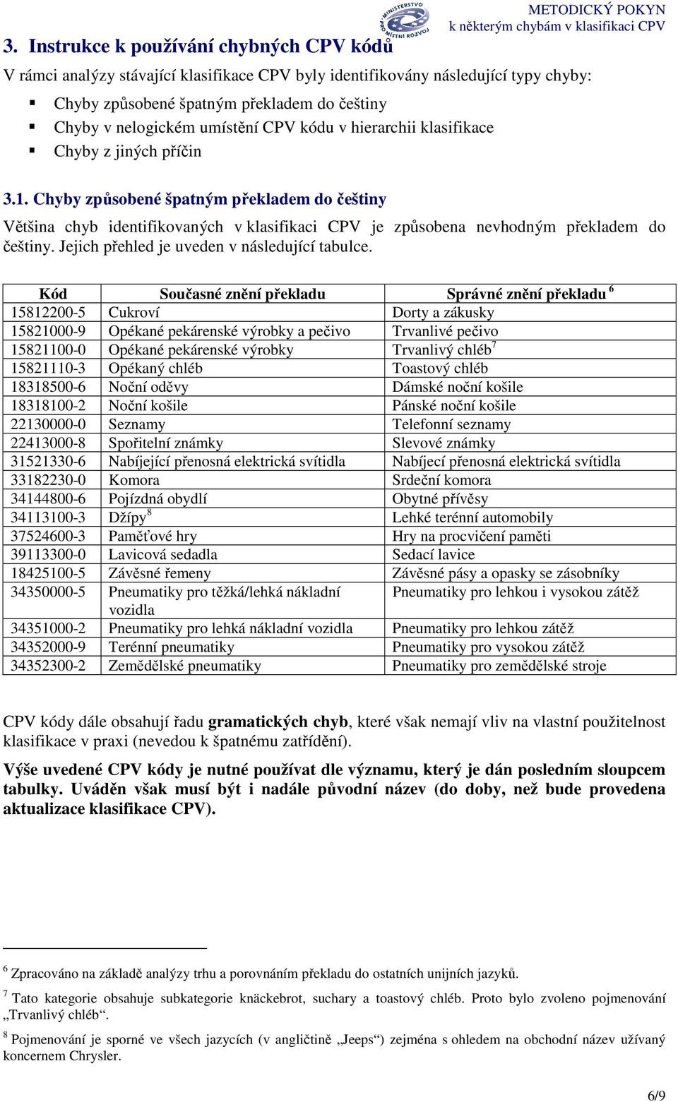 Chyby způsobené špatným překladem do češtiny Většina chyb identifikovaných v klasifikaci CPV je způsobena nevhodným překladem do češtiny. Jejich přehled je uveden v následující tabulce.