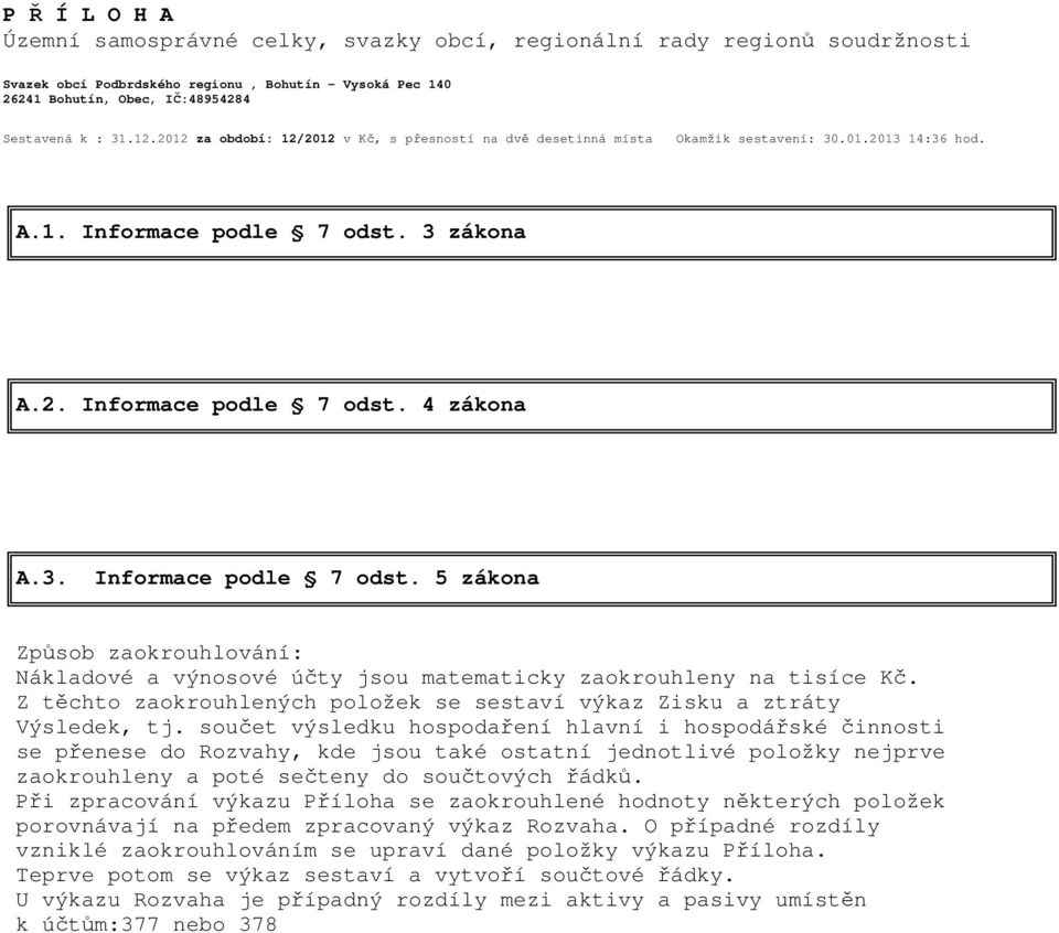 3 zákona A.2. Informace podle 7 odst. 4 zákona A.3. Informace podle 7 odst. 5 zákona Způsob zaokrouhlování: Nákladové a výnosové účty jsou matematicky zaokrouhleny na tisíce Kč.