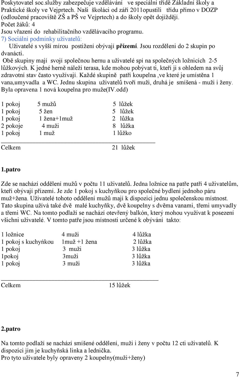 7) Sociální podmínky uživatelů: Uživatelé s vyšší mírou postižení obývají přízemí. Jsou rozděleni do 2 skupin po dvanácti.