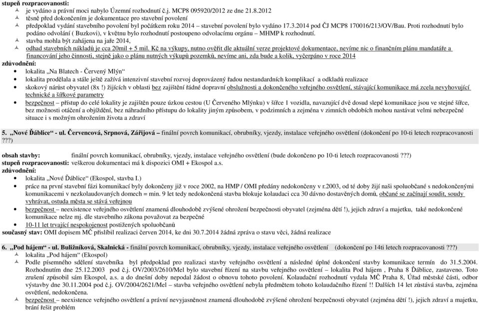 2014 pod ČJ MCP8 170016/213/OV/Bau. Proti rozhodnutí bylo podáno odvolání ( Buzkovi), v květnu bylo rozhodnutí postoupeno odvolacímu orgánu MHMP k rozhodnutí.