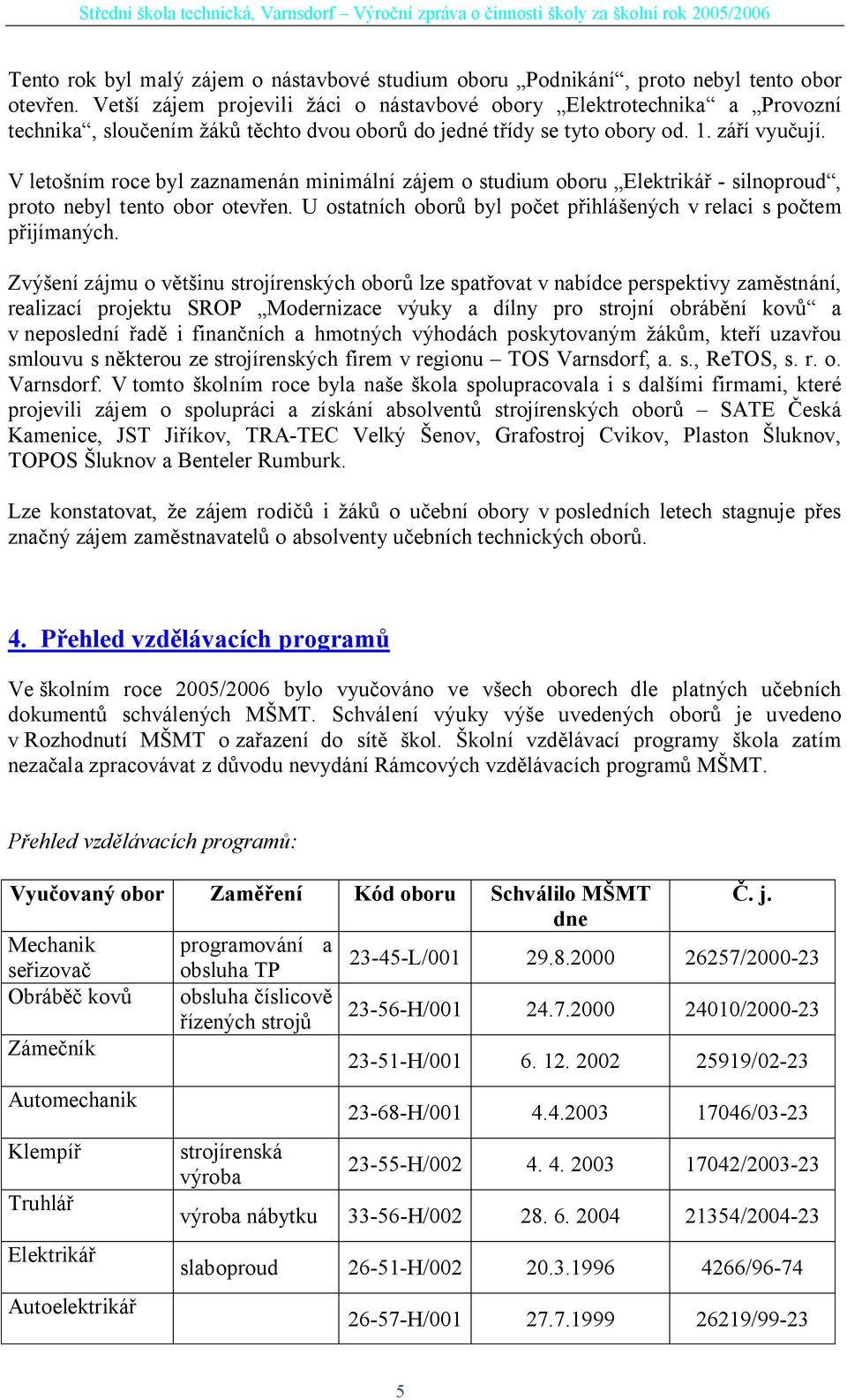 V leto ním roce byl zaznamenán minimální zájem o studium oboru Elektriká - silnoproud, proto nebyl tento obor otev en. U ostatních obor byl po et p ihlá ených v relaci s po tem ijímaných.