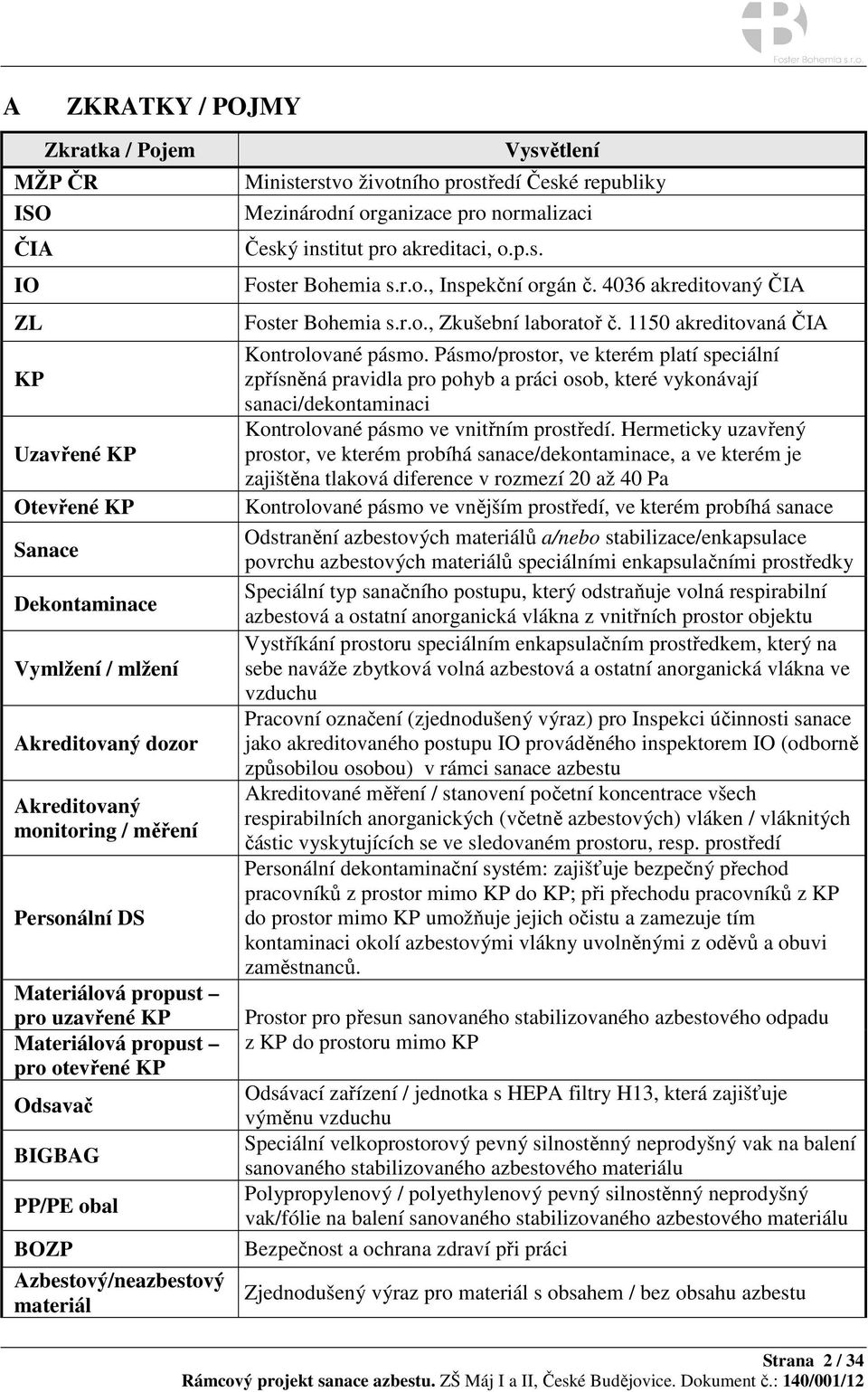 organizace pro normalizaci Český institut pro akreditaci, o.p.s. Foster Bohemia s.r.o., Inspekční orgán č. 4036 akreditovaný ČIA Foster Bohemia s.r.o., Zkušební laboratoř č.