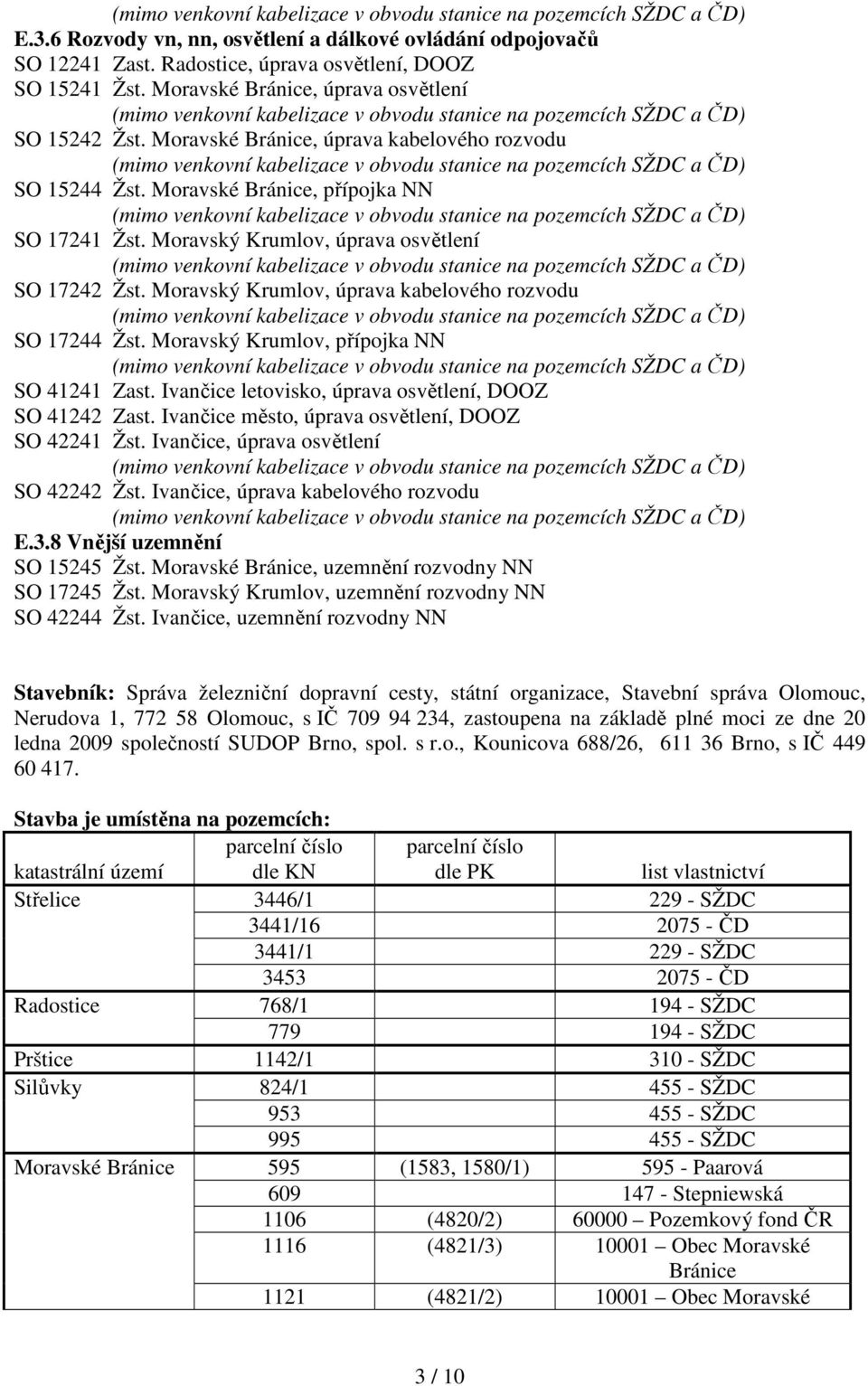 Moravský, přípojka NN SO 41241 Zast. Ivančice letovisko, úprava osvětlení, DOOZ SO 41242 Zast. Ivančice město, úprava osvětlení, DOOZ SO 42241 Žst. Ivančice, úprava osvětlení SO 42242 Žst.