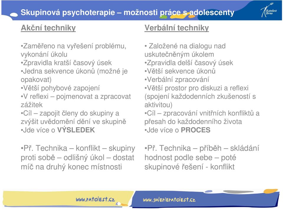 Technika konflikt skupiny proti sobě odlišný úkol dostat míč na druhý konec místnosti Založené na dialogu nad uskutečněným úkolem Zpravidla delší časový úsek Větší sekvence úkonů Verbální zpracování