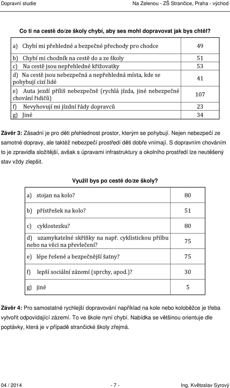 se pohybují cizí lidé 41 e) Auta jezdí příliš nebezpečně (rychlá jízda, jiné nebezpečné chování řidičů) 107 f) Nevyhovují mi jízdní řády dopravců 23 g) Jiné 34 Závěr 3: Zásadní je pro děti