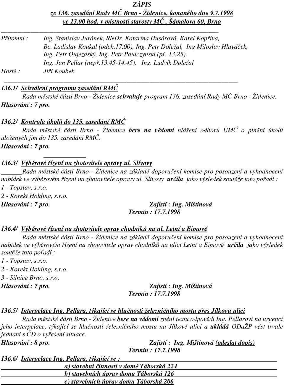 45), Ing. Ludvík Doležal Hosté : Jiří Koubek 136.1/ Schválení programu zasedání RMČ Rada městské části Brno - Židenice schvaluje program 136. zasedání Rady MČ Brno - Židenice. 136.2/ Kontrola úkolů do 135.