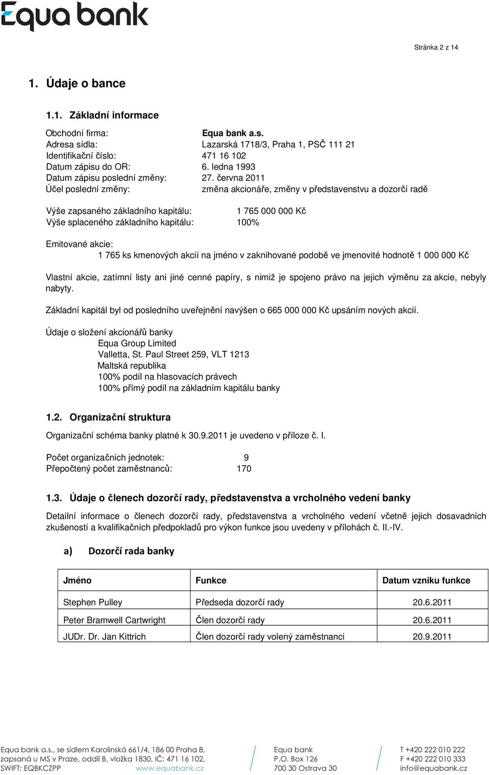 června 2011 Účel poslední změny: změna akcionáře, změny v představenstvu a dozorčí radě Výše zapsaného základního kapitálu: 1 765 000 000 Kč Výše splaceného základního kapitálu: 100% Emitované akcie: