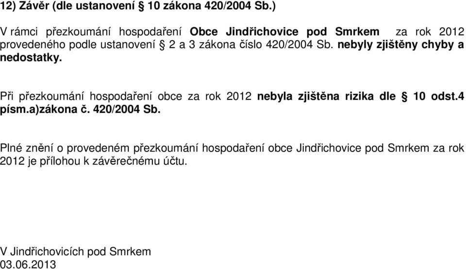 420/2004 Sb. nebyly zjištěny chyby a nedostatky.