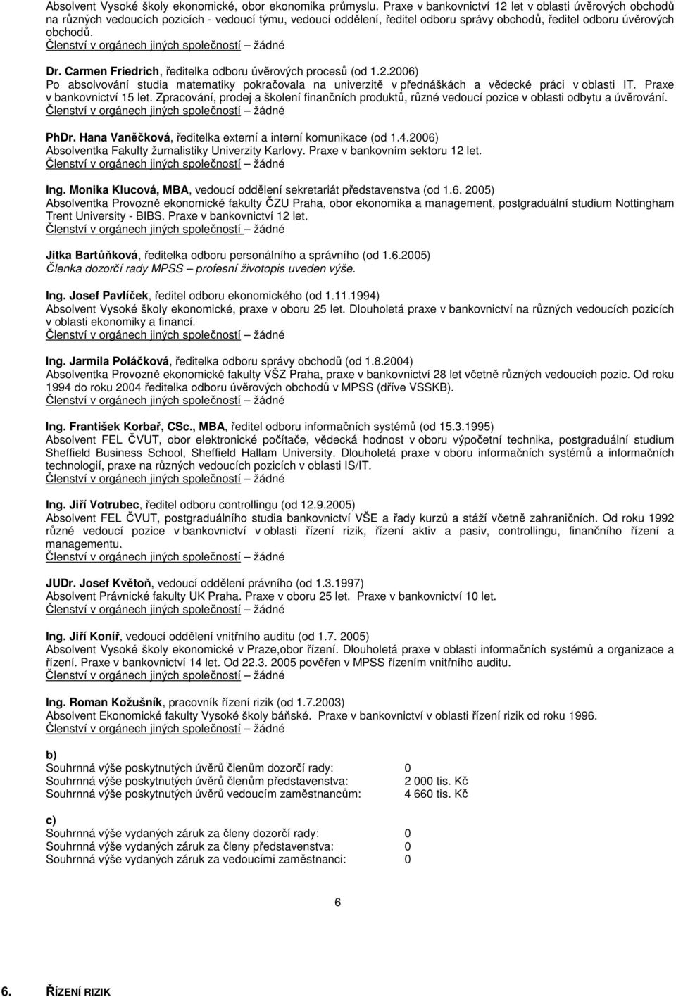 Carmen Friedrich, ředitelka odboru úvěrových procesů (od 1.2.2006) Po absolvování studia matematiky pokračovala na univerzitě v přednáškách a vědecké práci v oblasti IT. Praxe v bankovnictví 15 let.