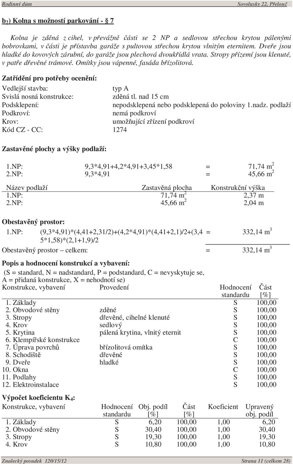 Zatřídění pro potřeby ocenění: Vedlejší stavba: typ A Svislá nosná konstrukce: zděná tl. nad 15 cm Podsklepení: nepodsklepená nebo podsklepená do poloviny 1.nadz.