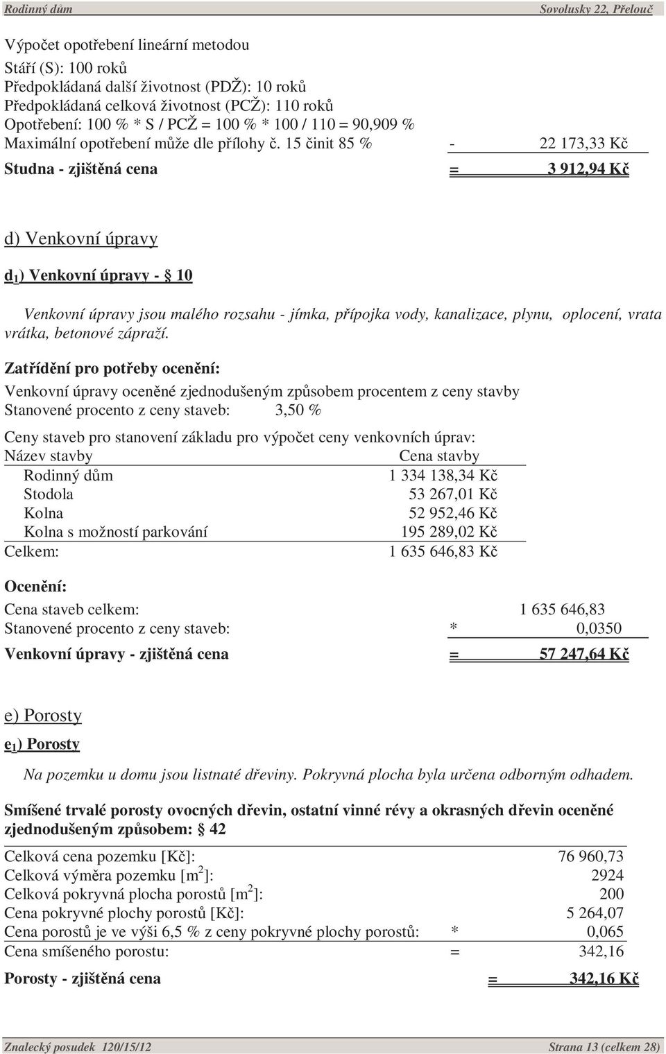 15 činit 85 % - 22 173,33 Kč Studna - zjištěná cena = 3 912,94 Kč d) Venkovní úpravy d 1 ) Venkovní úpravy - 10 Venkovní úpravy jsou malého rozsahu - jímka, přípojka vody, kanalizace, plynu,