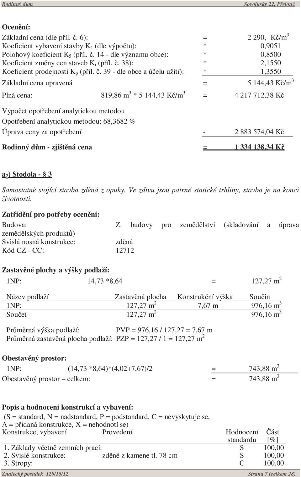 39 - dle obce a účelu užití): * 1,3550 Základní cena upravená = 5 144,43 Kč/m 3 Plná cena: 819,86 m 3 * 5 144,43 Kč/m 3 = 4 217 712,38 Kč Výpočet opotřebení analytickou metodou Opotřebení analytickou