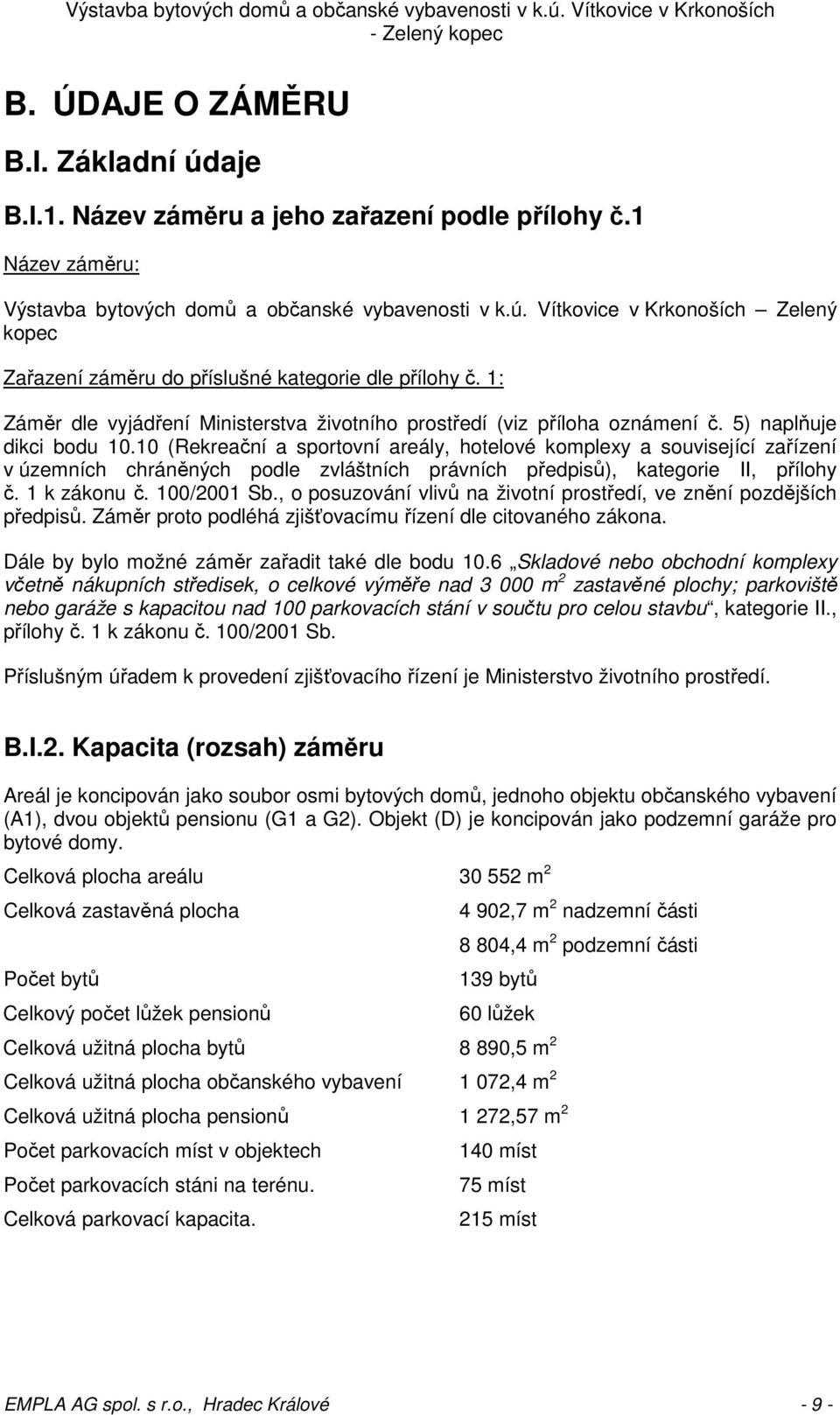 10 (Rekreační a sportovní areály, hotelové komplexy a související zařízení v územních chráněných podle zvláštních právních předpisů), kategorie II, přílohy č. 1 k zákonu č. 100/2001 Sb.