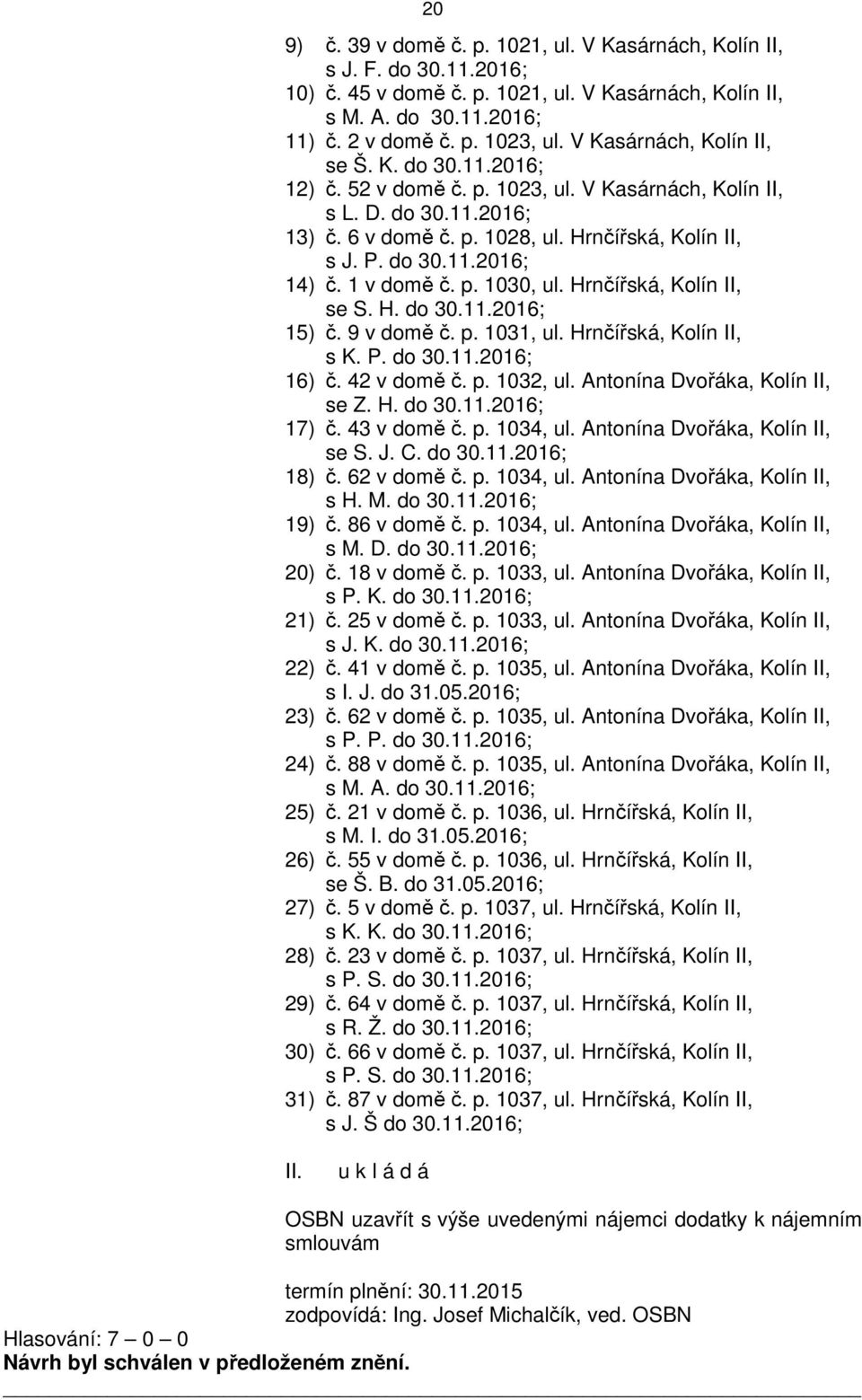 1 v domě č. p. 1030, ul. Hrnčířská, Kolín II, se S. H. do 30.11.2016; 15) č. 9 v domě č. p. 1031, ul. Hrnčířská, Kolín II, s K. P. do 30.11.2016; 16) č. 42 v domě č. p. 1032, ul.