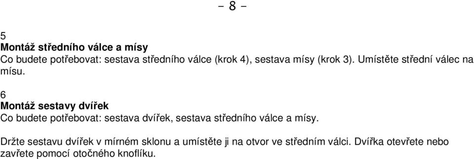 6 Montáž sestavy dvířek Co budete potřebovat: sestava dvířek, sestava středního válce a mísy.