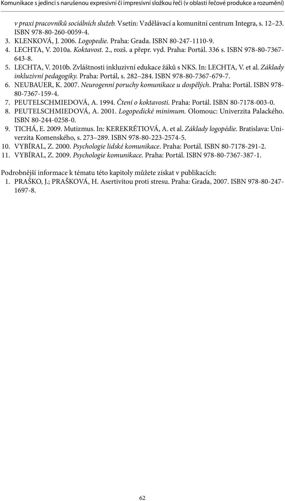 Základy inkluzivní pedagogiky. Praha: Portál, s. 282 284. ISBN 978-80-7367-679-7. 6. NEUBAUER, K. 2007. Neurogenní poruchy komunikace u dospělých. Praha: Portál. ISBN 978-80-7367-159-4. 7.