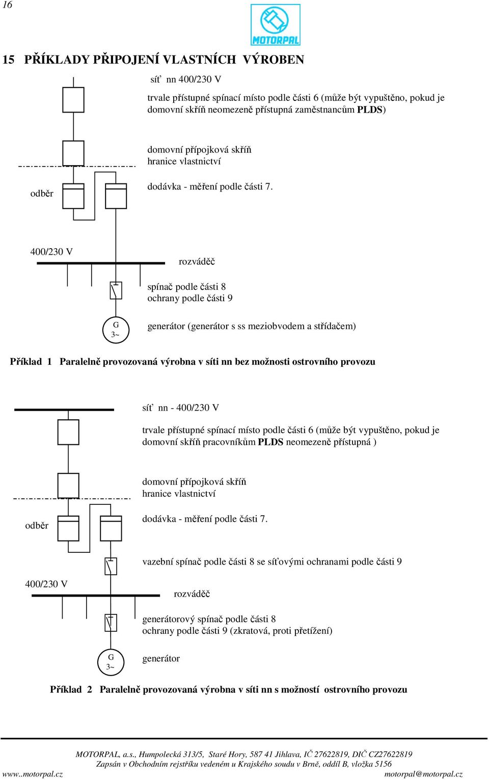 400/230 V rozváděč spínač podle části 8 ochrany podle části 9 G 3~ generátor (generátor s ss meziobvodem a střídačem) Příklad 1 Paralelně provozovaná výrobna v síti nn bez možnosti ostrovního provozu