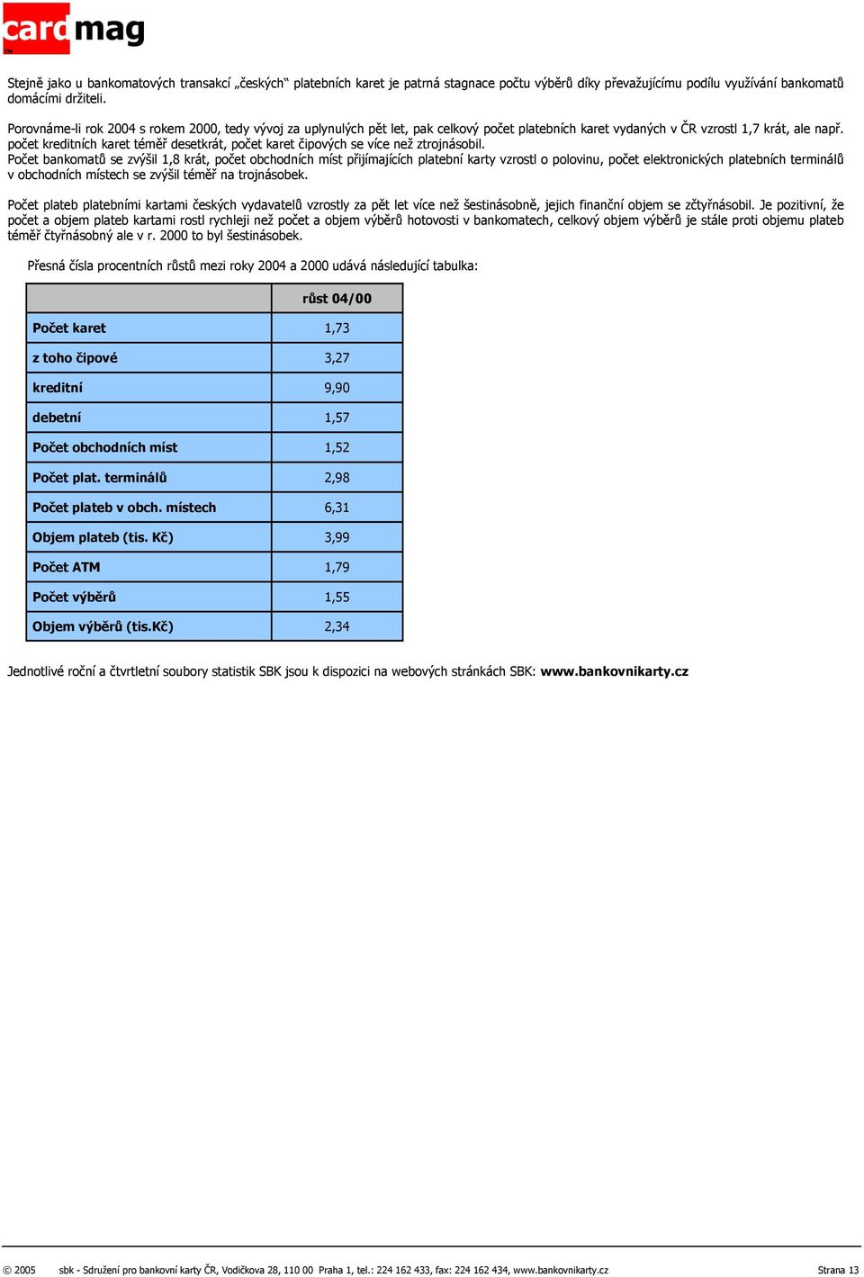 počet kreditních karet téměř desetkrát, počet karet čipových se více než ztrojnásobil.