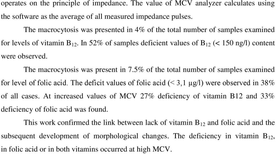 The macrocytosis was present in 7.5% of the total number of samples examined for level of folic acid. The deficit values of folic acid (< 3,1 µg/l) were observed in 38% of all cases.