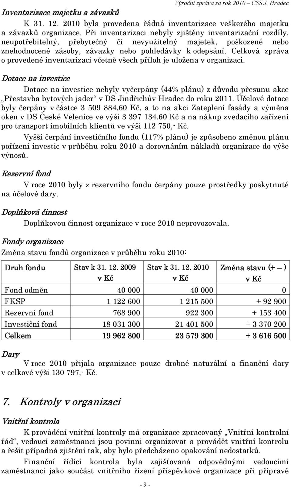 Celková zpráva o provedené inventarizaci včetně všech příloh je uložena v organizaci.