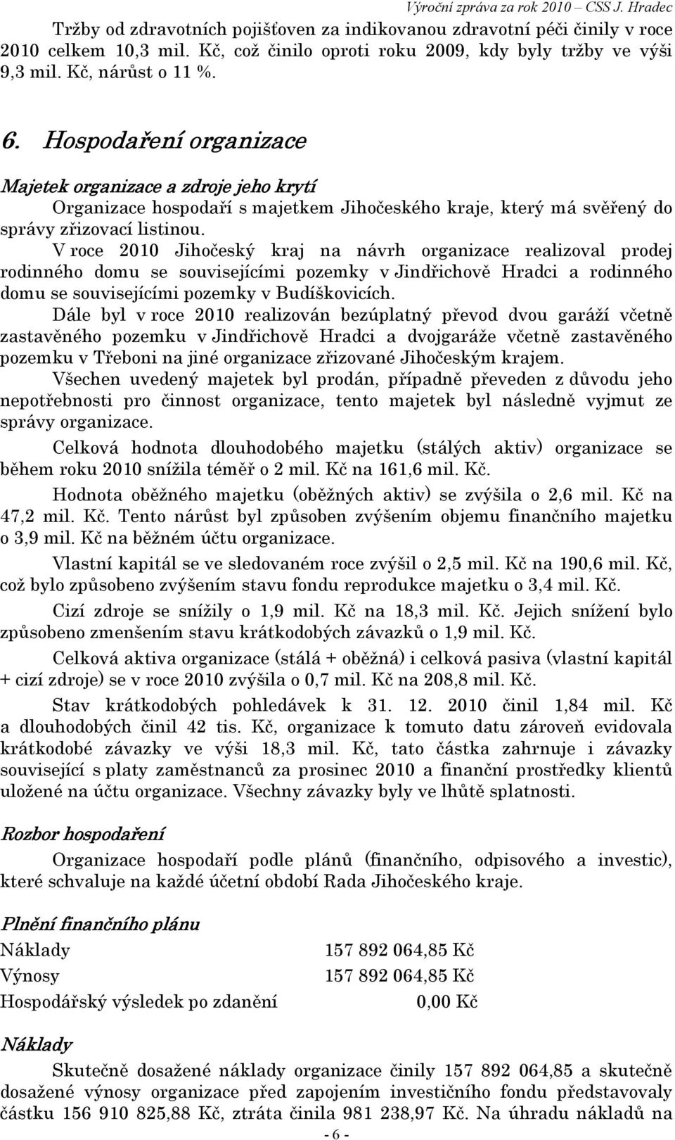 V roce 2010 Jihočeský kraj na návrh organizace realizoval prodej rodinného domu se souvisejícími pozemky v Jindřichově Hradci a rodinného domu se souvisejícími pozemky v Budíškovicích.