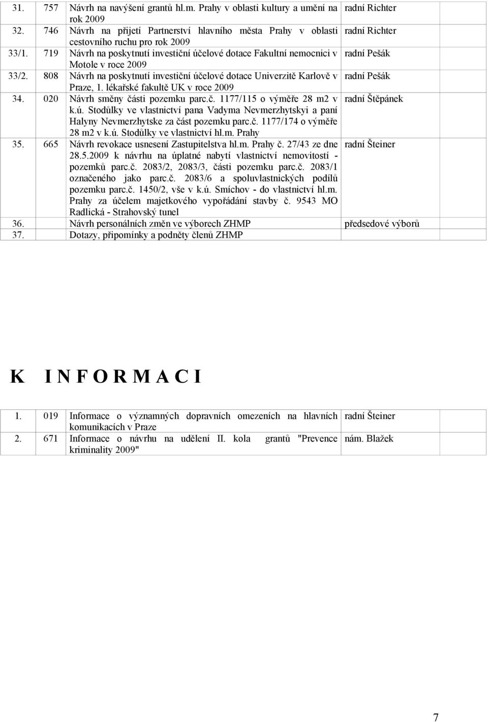 719 Návrh na poskytnutí investiční účelové dotace Fakultní nemocnici v radní Pešák Motole v roce 2009 33/2. 808 Návrh na poskytnutí investiční účelové dotace Univerzitě Karlově v radní Pešák Praze, 1.