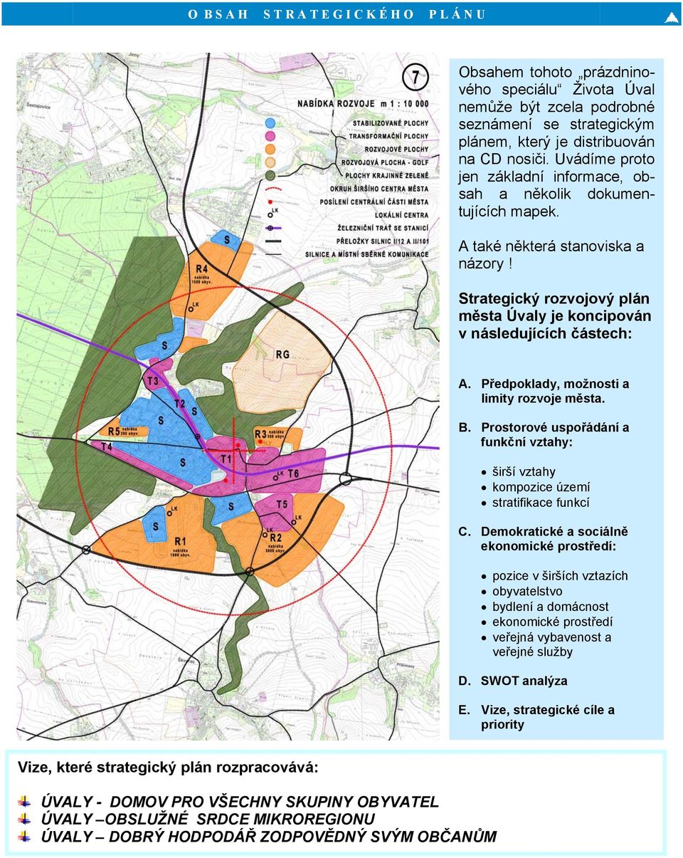 Předpoklady, možnosti a limity rozvoje města. B. Prostorové uspořádání a funkční vztahy: širší vztahy kompozice území stratifikace funkcí C.