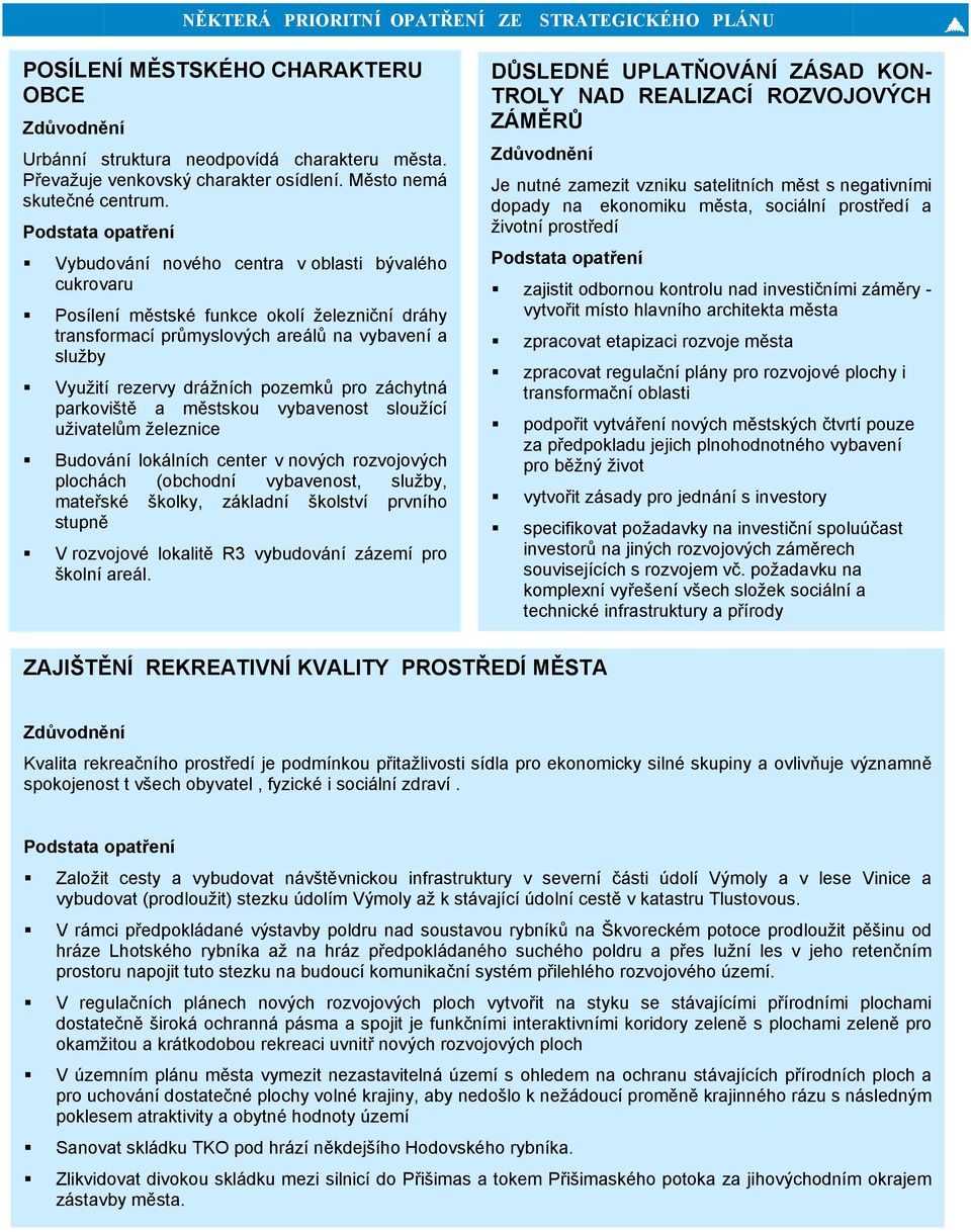 Podstata opatření Vybudování nového centra v oblasti bývalého cukrovaru Posílení městské funkce okolí železniční dráhy transformací průmyslových areálů na vybavení a služby Využití rezervy drážních