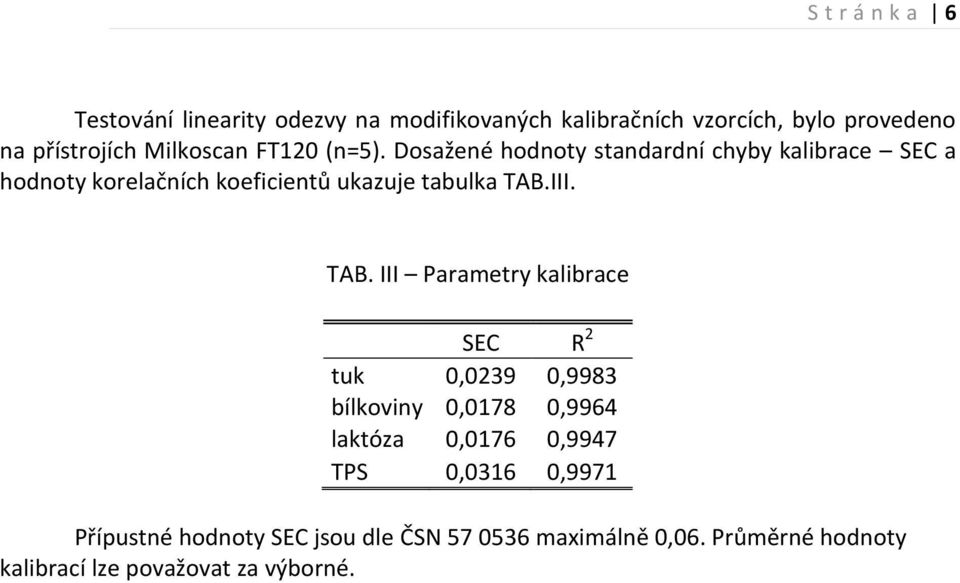 Dosažené hodnoty standardní chyby kalibrace SEC a hodnoty korelačních koeficientů ukazuje tabulka TAB.